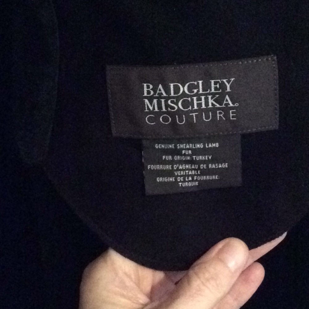 Shearling coat Lamb Fur Badgley Mischka couture black Leather suede Gray Collar - Picture 8 of 13